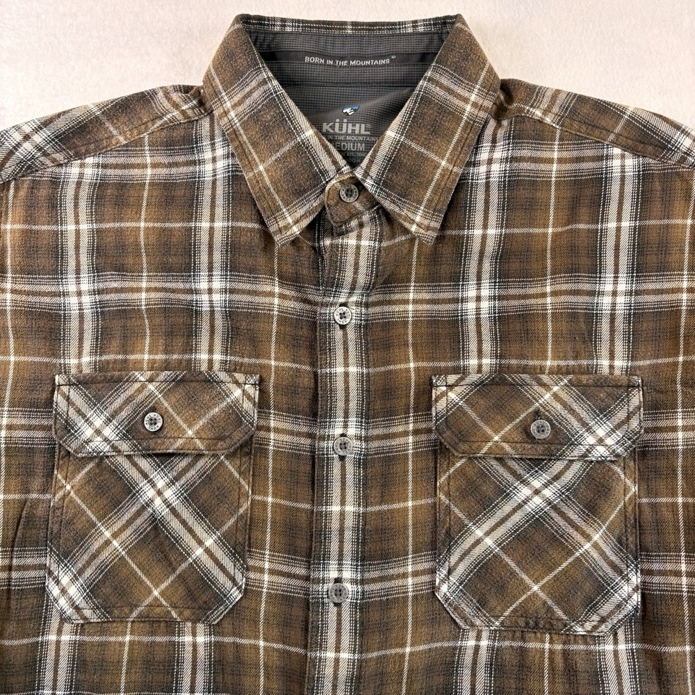 Kuhl Mens Plaid Long Sleeve Button Down Shirt Brown Medium Cotton Tencel Blend